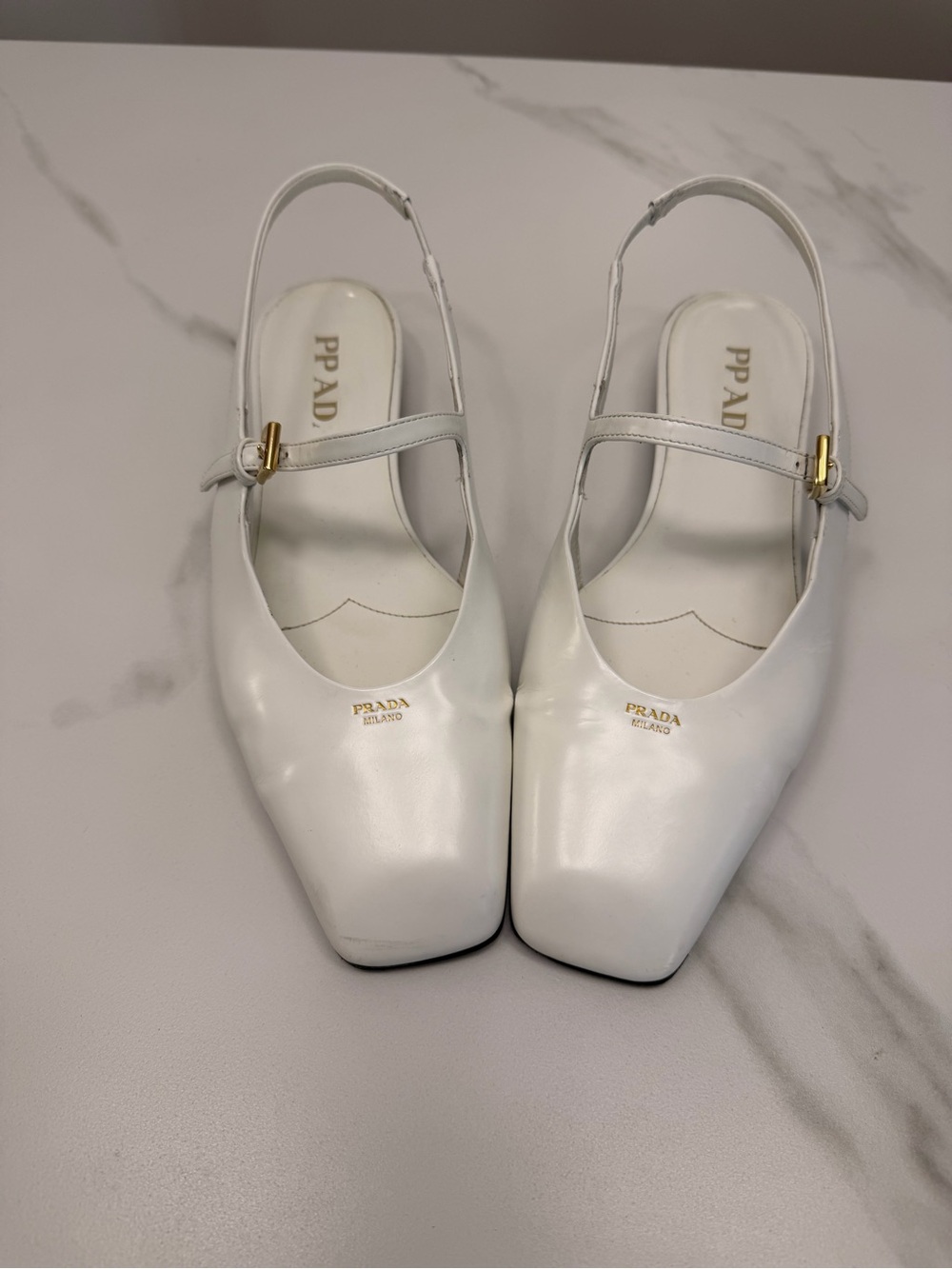 Prada White Patent Leather Slingback Mules